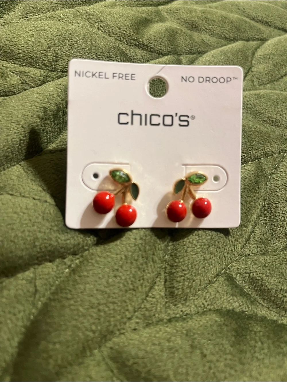Chico's Red Cherry Stud Earrings with Green Leaves